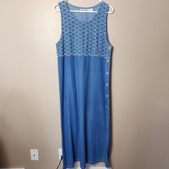 Jerico Sport VTG Embroidered Eyelet Denim Pinafore Overall Maxi Dress-Size M - Picture 1 of 6